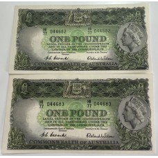 AUSTRALIA 1953 . ONE 1 POUND BANKNOTE . COOMBS/WILSON . CONSECUTIVE PAIR